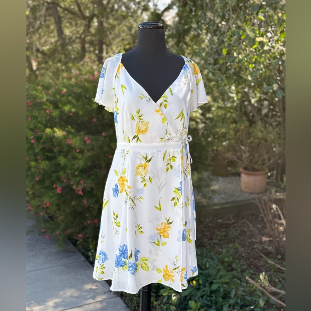 French Connection White Floral Wrap Midi Dress - Yellow & Blue